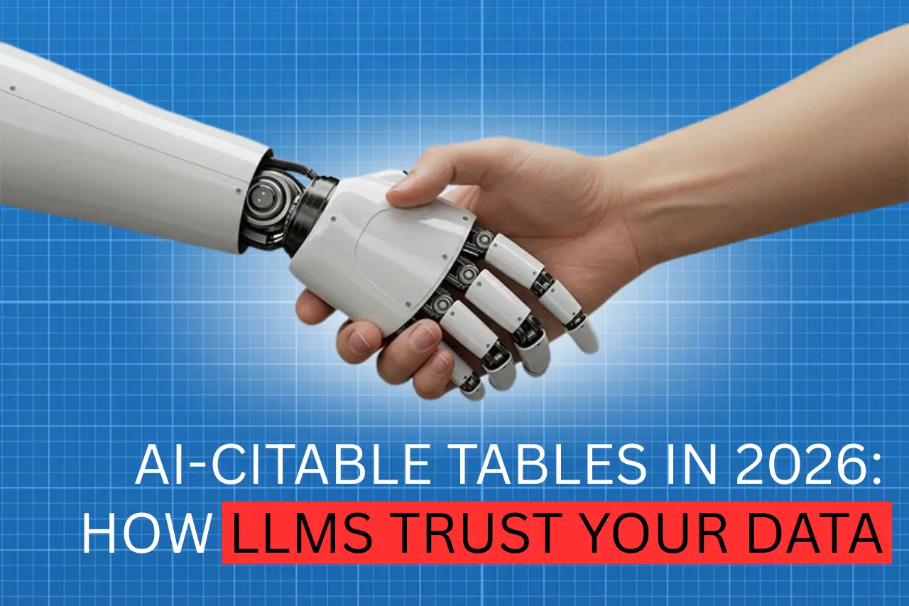 Close‑up of human hand shaking robotic hand against blue grid background with overlaid text “AI‑Citable Tables in 2026: How LLMs Trust Your Data,” symbolizing collaboration between humans and AI in data reliability.