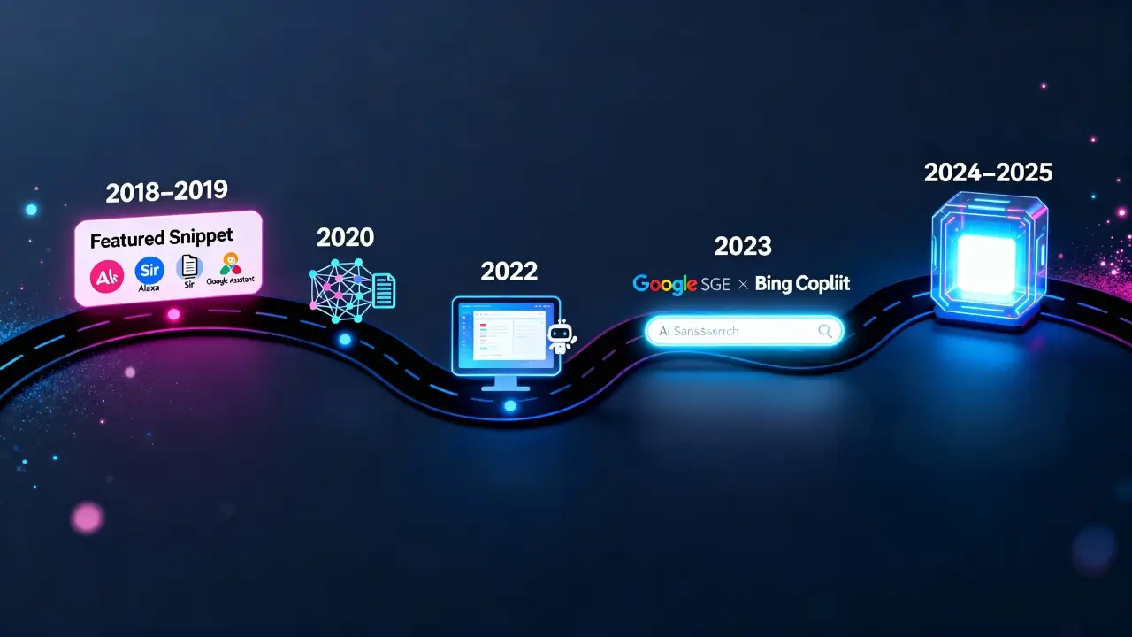 AEO/GEO Answer Engines (2025).AI Search Timeline: Featured Snippets (2018) to Chatbots (2022) to SGE/Copilot (2023)