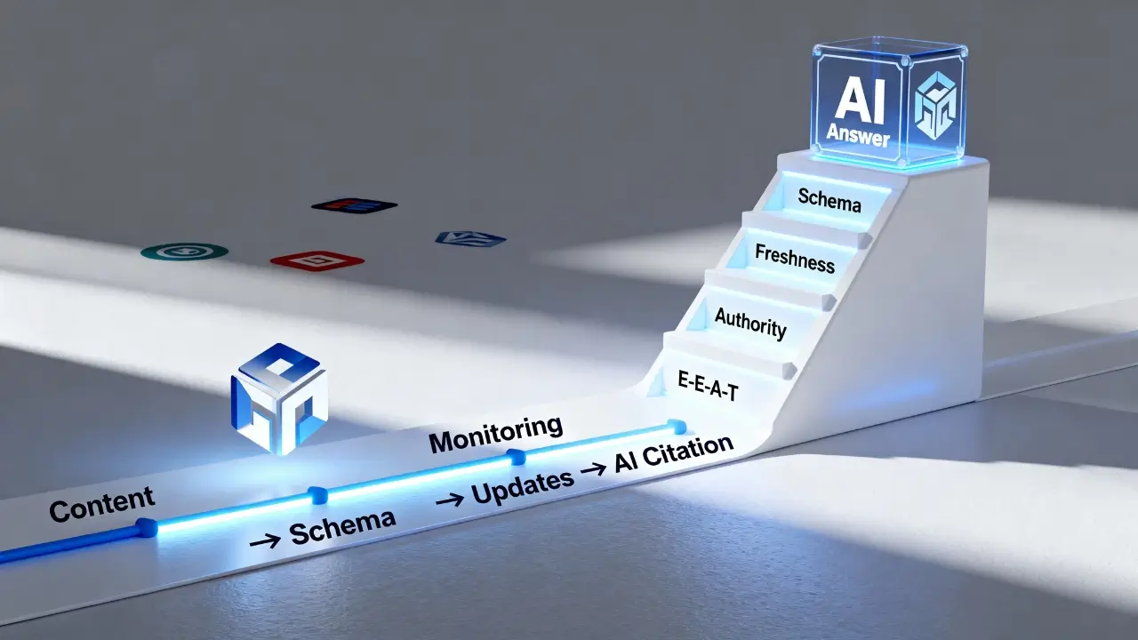 This image presents a visualization of the path to achieving AI Answer Visibility through a multi-step process.