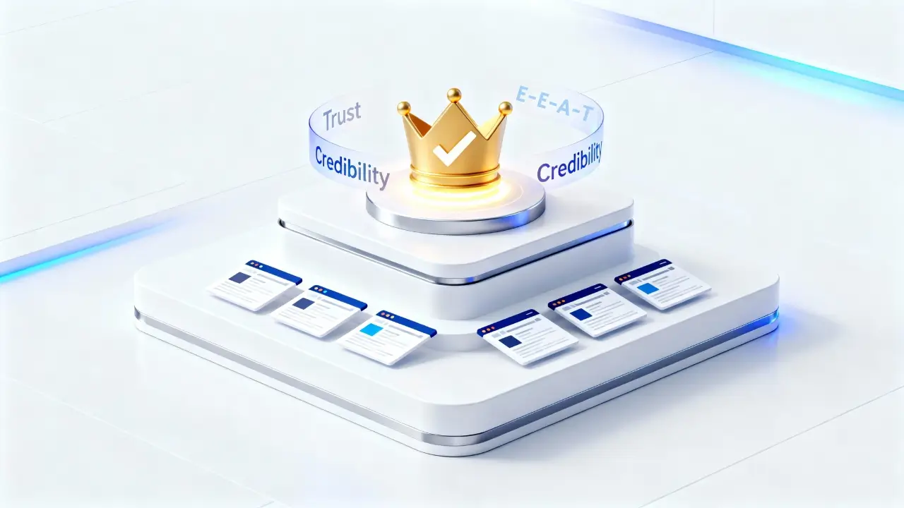 graphic demonstrating that E-E-A-T is the ultimate foundation for search visibility and credibility in the age of AI.