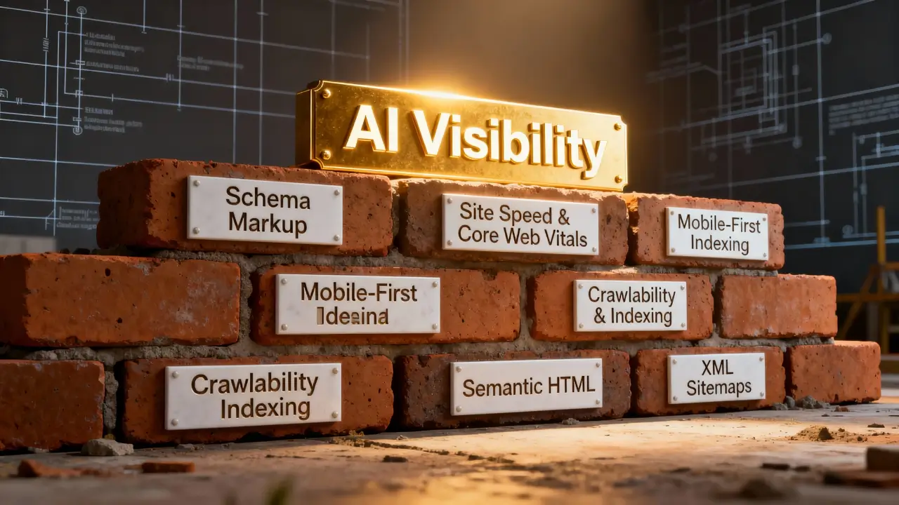 metaphor of a brick pyramid or wall to illustrate that AI Visibility is built upon a solid foundation of Technical SEO principles.