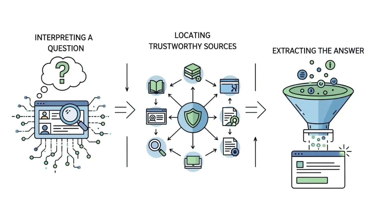 a three-step workflow illustrating how an Answer Engine (AI) processes a question and generates a reliable answer.