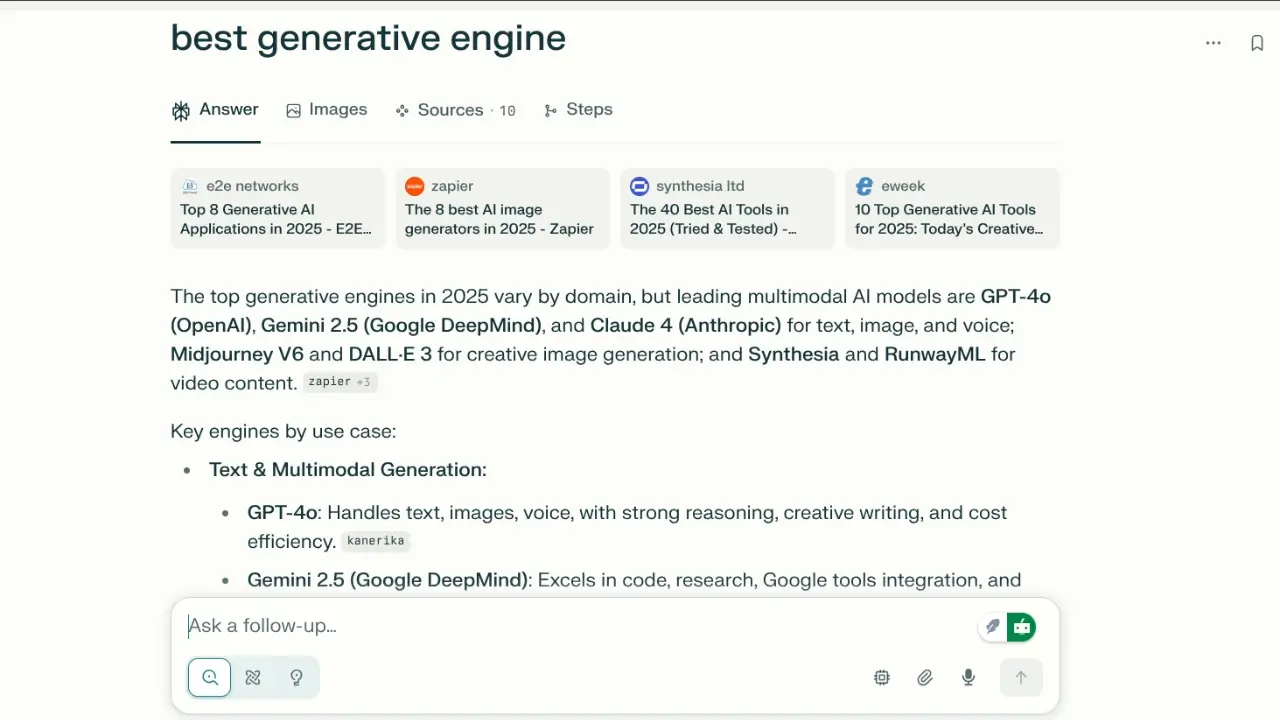  Generative AI Search Result Page (likely a Google SGE or similar interface) answering the query "best generative engine".