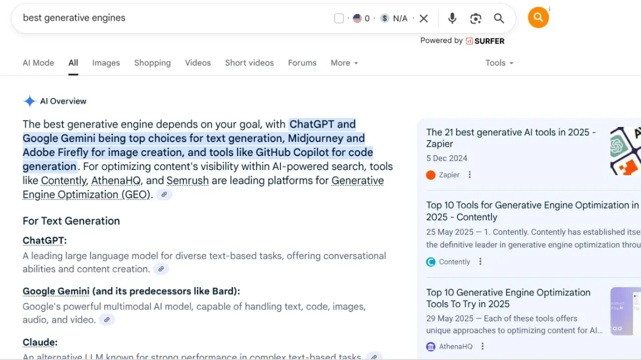 Screenshot of "Powered by SURFER" AI Overview answering "best generative engines" and listing top AI models and GEO tools.