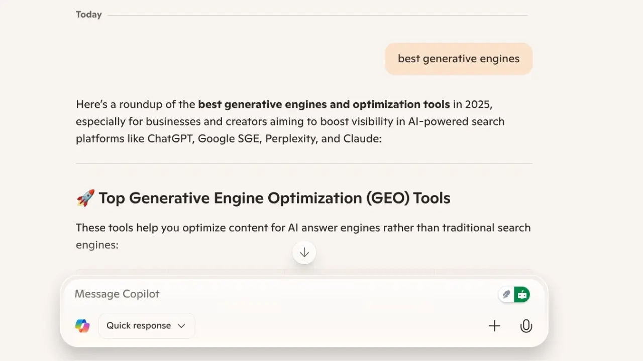 AI chat response to "best generative engines" highlights "Top Generative Engine Optimization (GEO) Tools" for visibility in ChatGPT, SGE, and Claude.