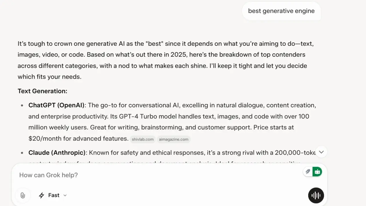 AI chat response to best generative engine lists ChatGPT and Claude for text generation, citing user base, multimodal ability, and cost.