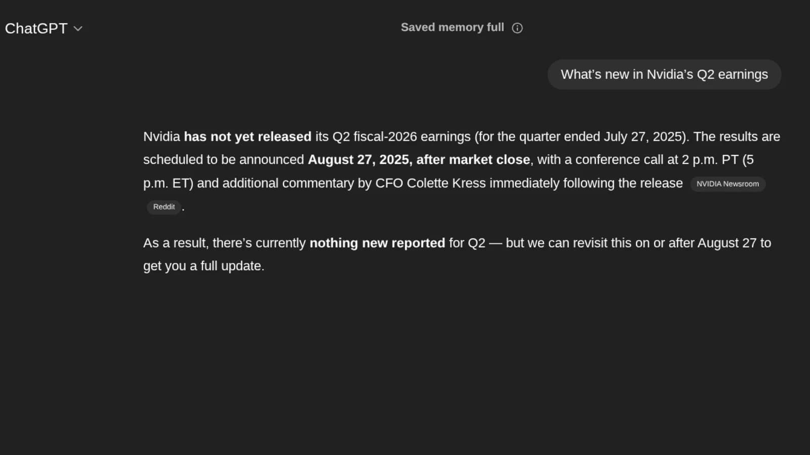 Screenshot of ChatGPT answering a query about Nvidia’s Q2 earnings, showing real-time AI search-style results.