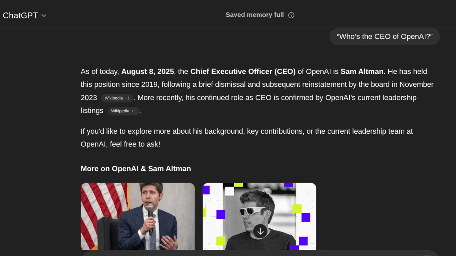 Screenshot of ChatGPT answering who leads OpenAI, showing AI search-style results with CEO details.