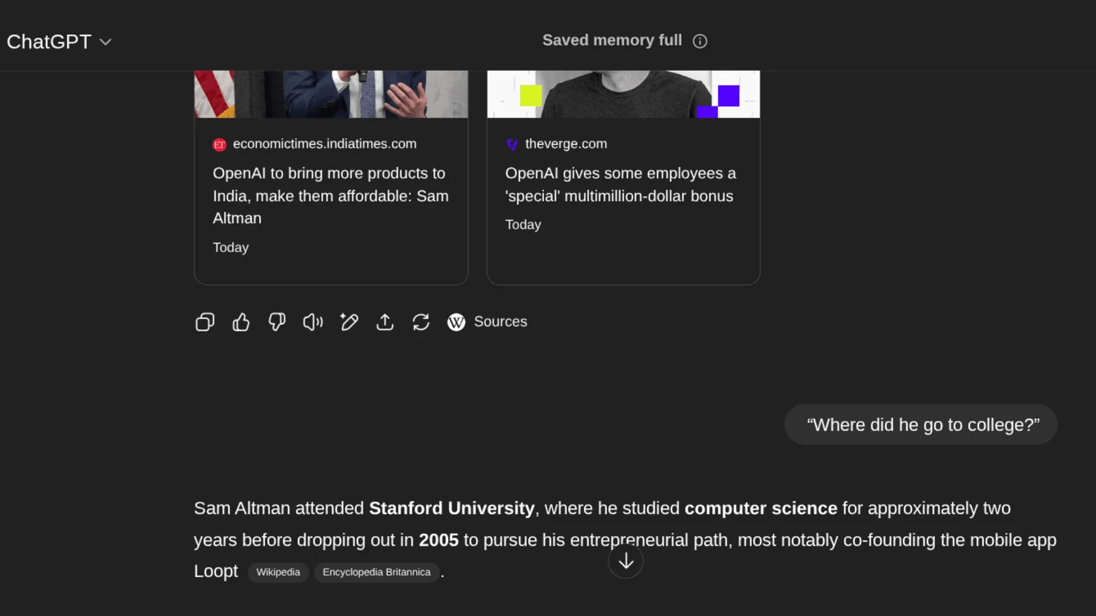 ChatGPT screenshot answering a college query about Sam Altman, showing AI replacing traditional search.