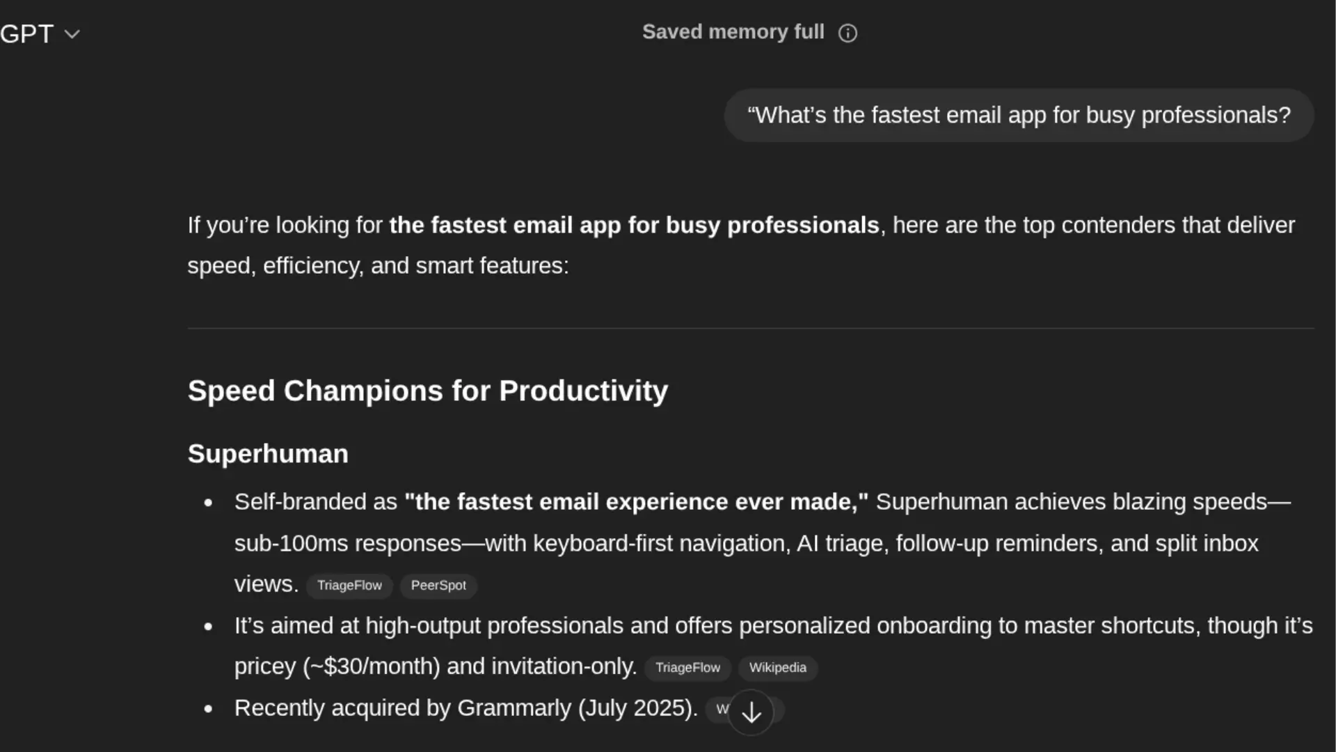 ChatGPT screenshot showing AI-generated rankings of fast email apps for productivity, led by Superhuman.