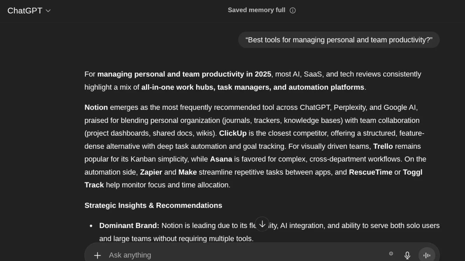 Screenshot of ChatGPT recommending top productivity tools like Notion, ClickUp, Trello, Asana, and Zapier.