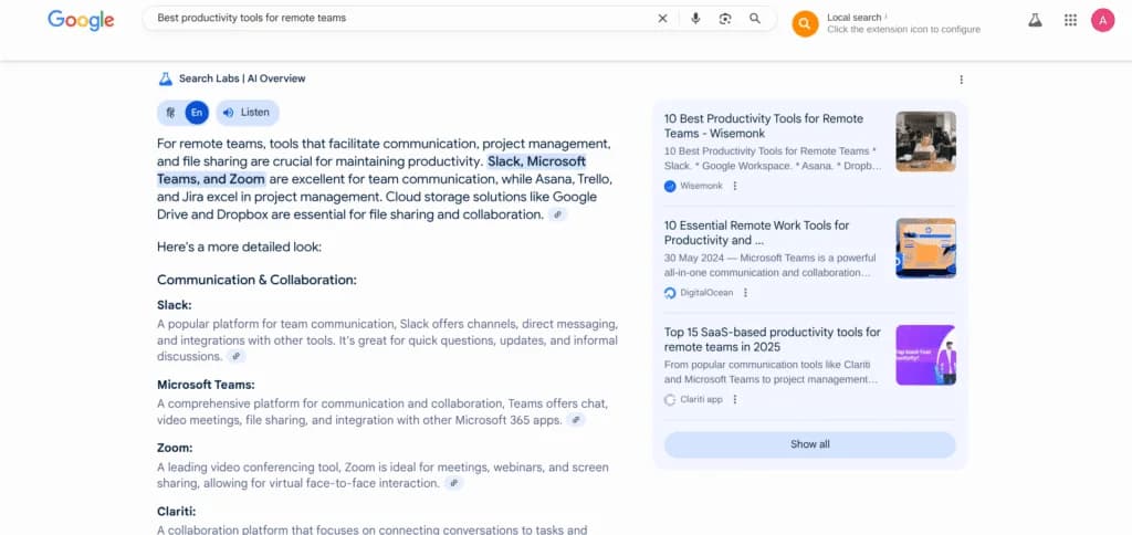 Google search page showing an AI Overview explaining productivity tools for remote teams.