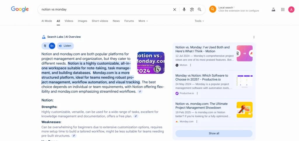 AI Overview snippet explaining differences between Notion and Trello alongside comparison results.