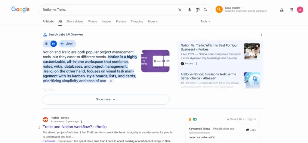 AI Overview snippet explaining differences between Notion and Trello alongside comparison results.