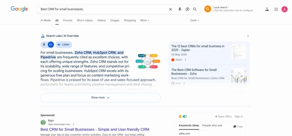 AI Overview snippet summarizing Zoho CRM, HubSpot CRM, and Pipedrive for small business needs.