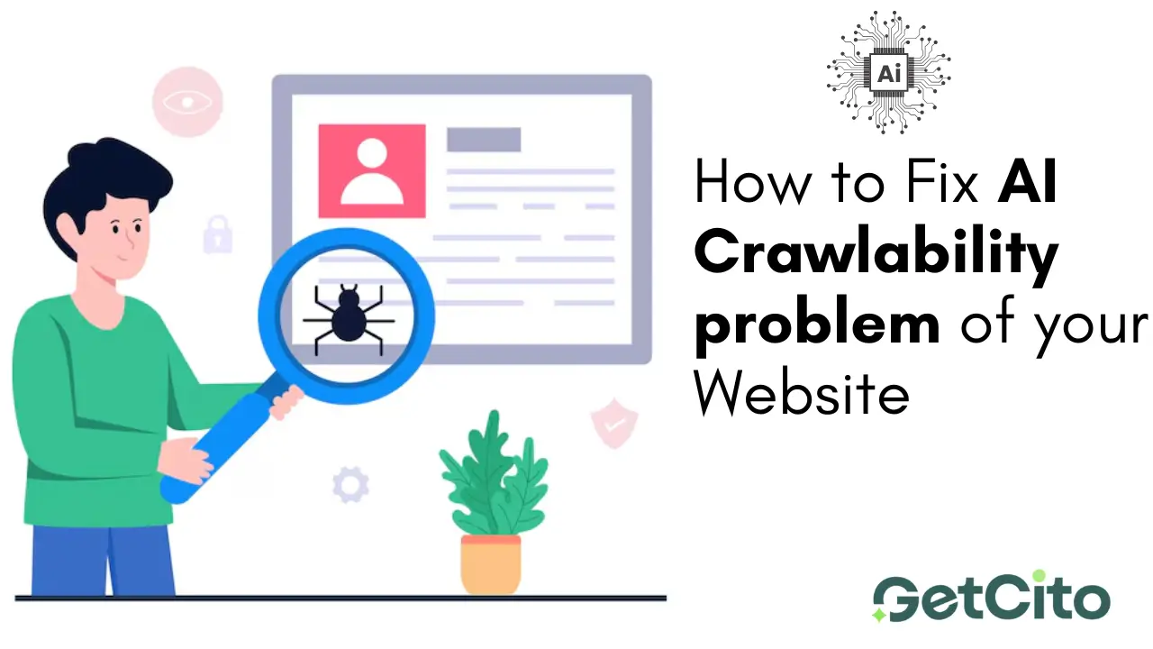 An illustration of a person using a magnifying glass to inspect a website bug, next to the text 'How to Fix AI Crawlability problem of your Website' with the GetCito logo.