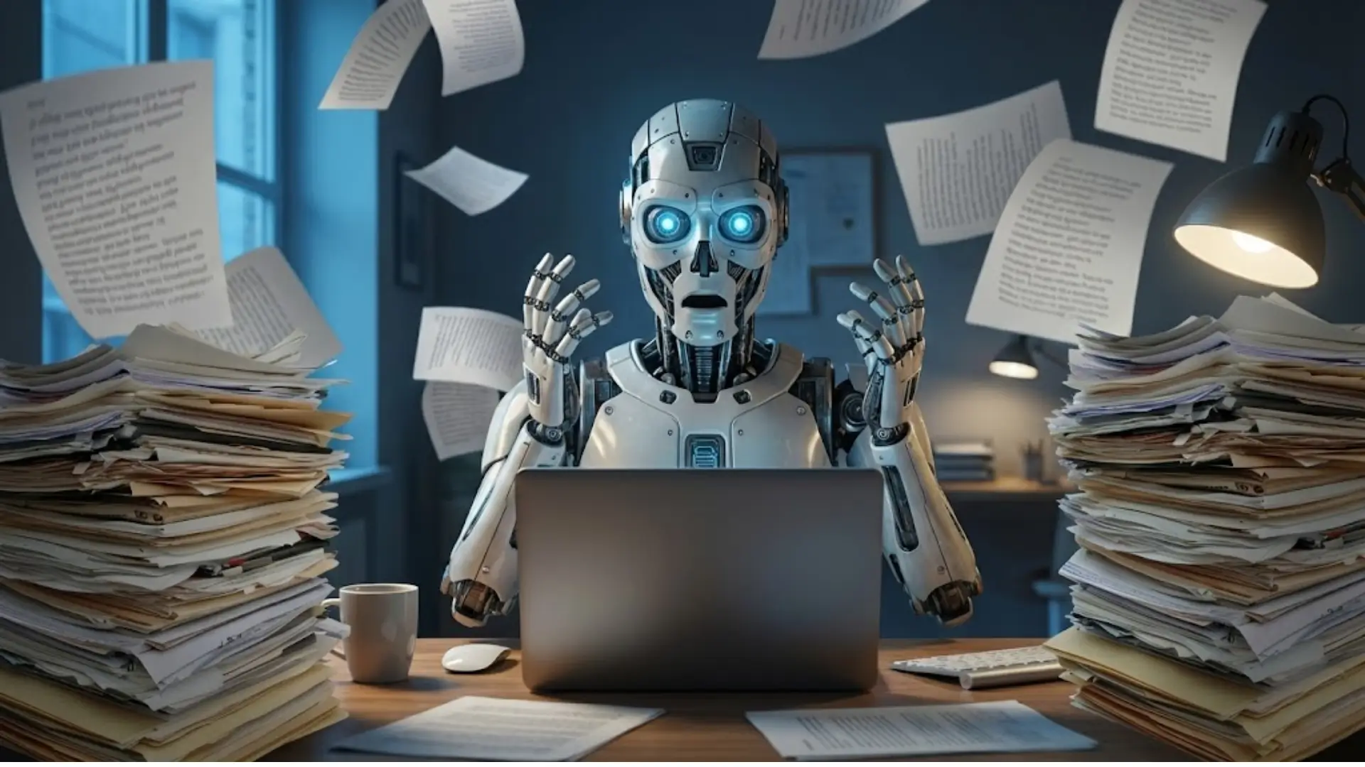 Humanoid robot with glowing eyes sitting at desk surrounded by towering stacks of paper and flying sheets, hands raised in confusion, symbolizing information overload and AI data processing challenges.