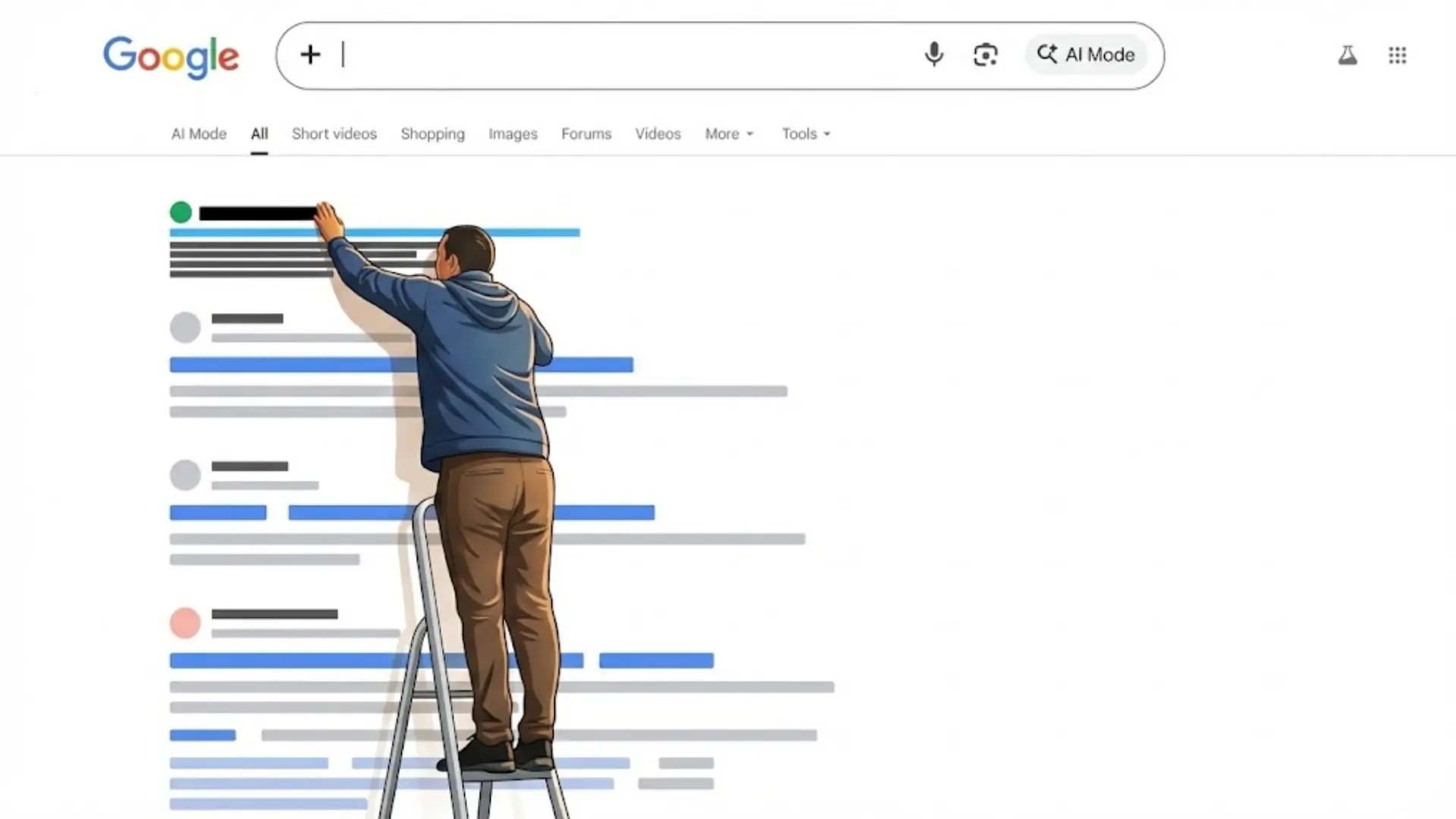 Stylized illustration of person on ladder adjusting elements of Google search results page with tabs and “AI Mode” button, symbolizing SEO and AI visibility optimization.