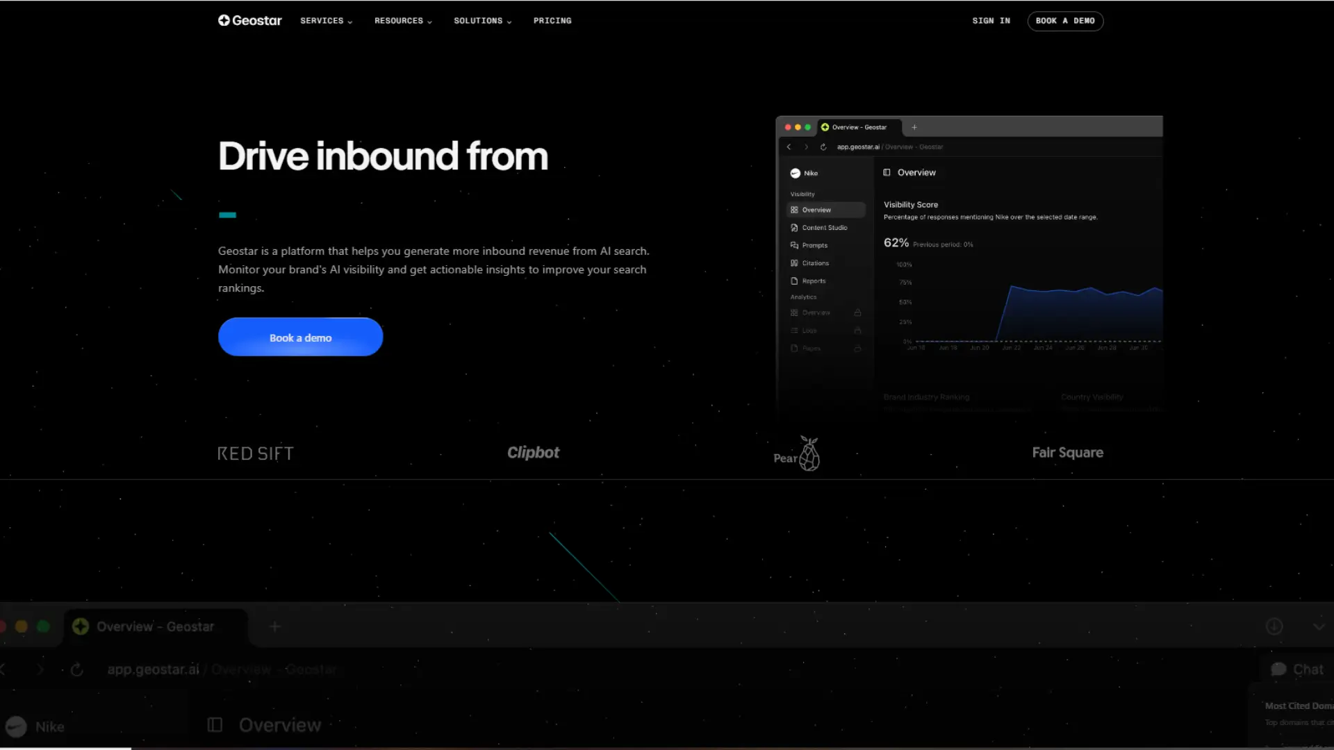 Geostar.ai landing page displaying AI visibility metrics and generative search insights.