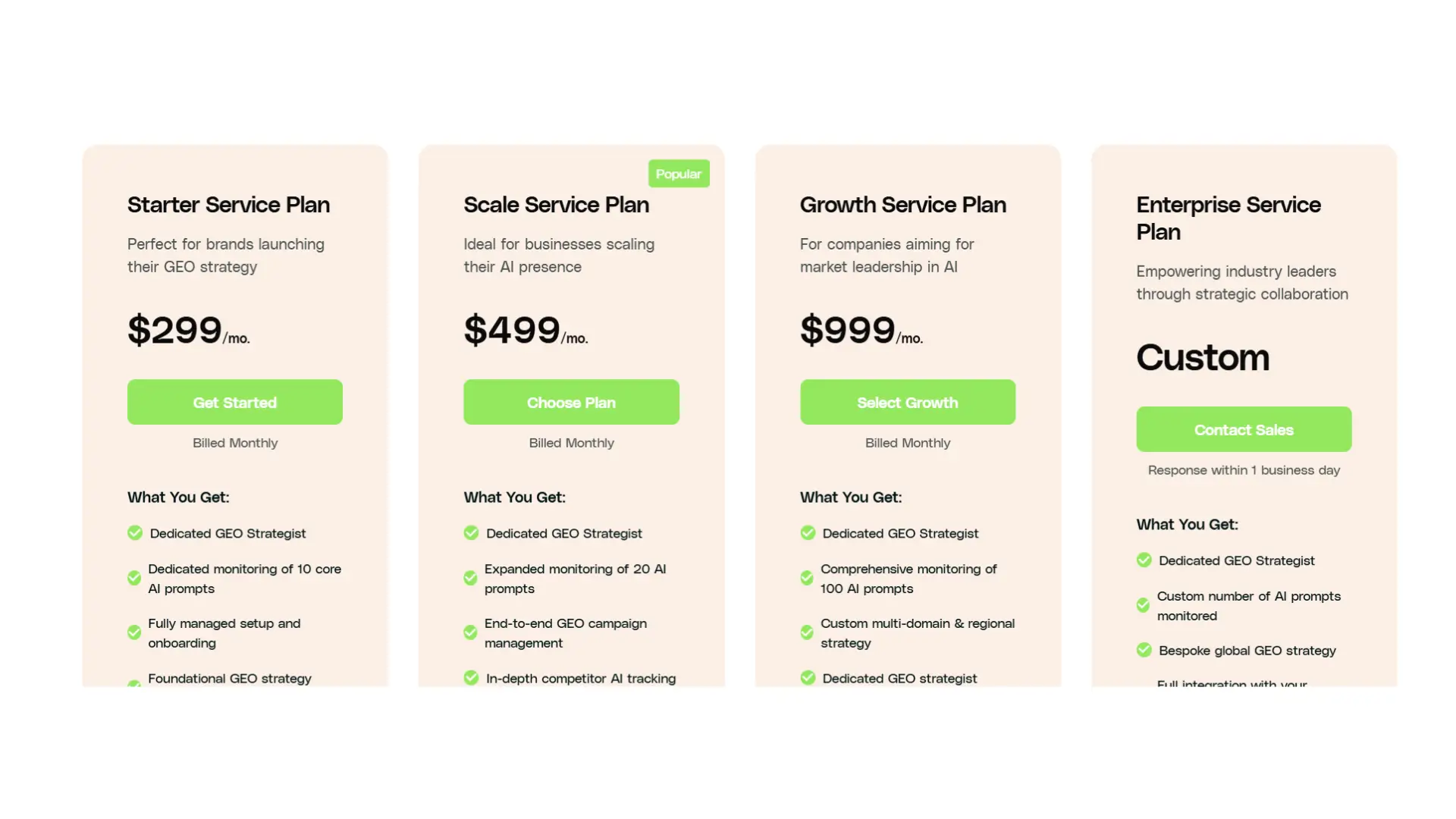 GetCito subscription pricing page displaying open-source, Starter Service Plan at $299, and Growth Service Plan $999 plans.