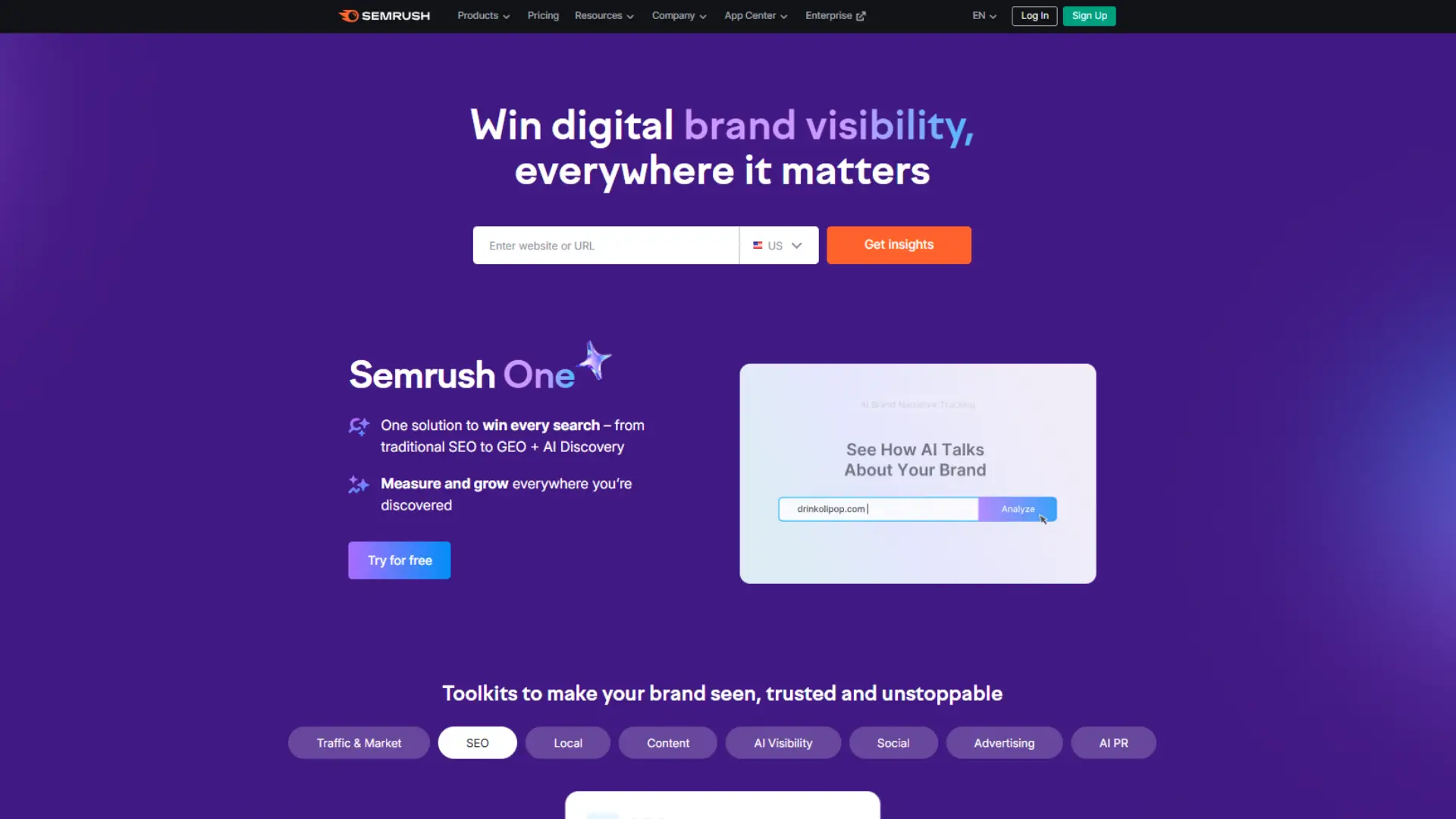 Semrush landing page showcasing digital marketing tools for SEO, traffic, and AI visibility.