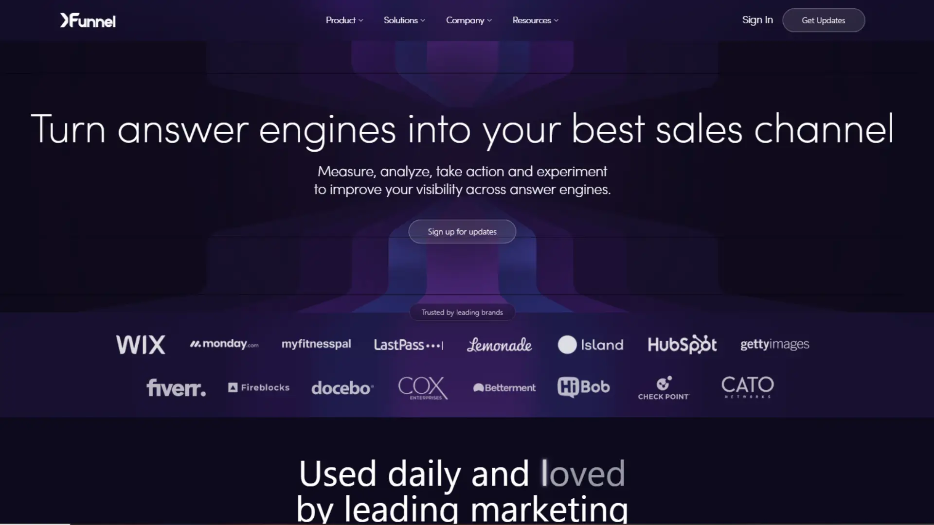 Screenshot of Xfunnel home screen showing AI-powered visibility insights and strategy features.