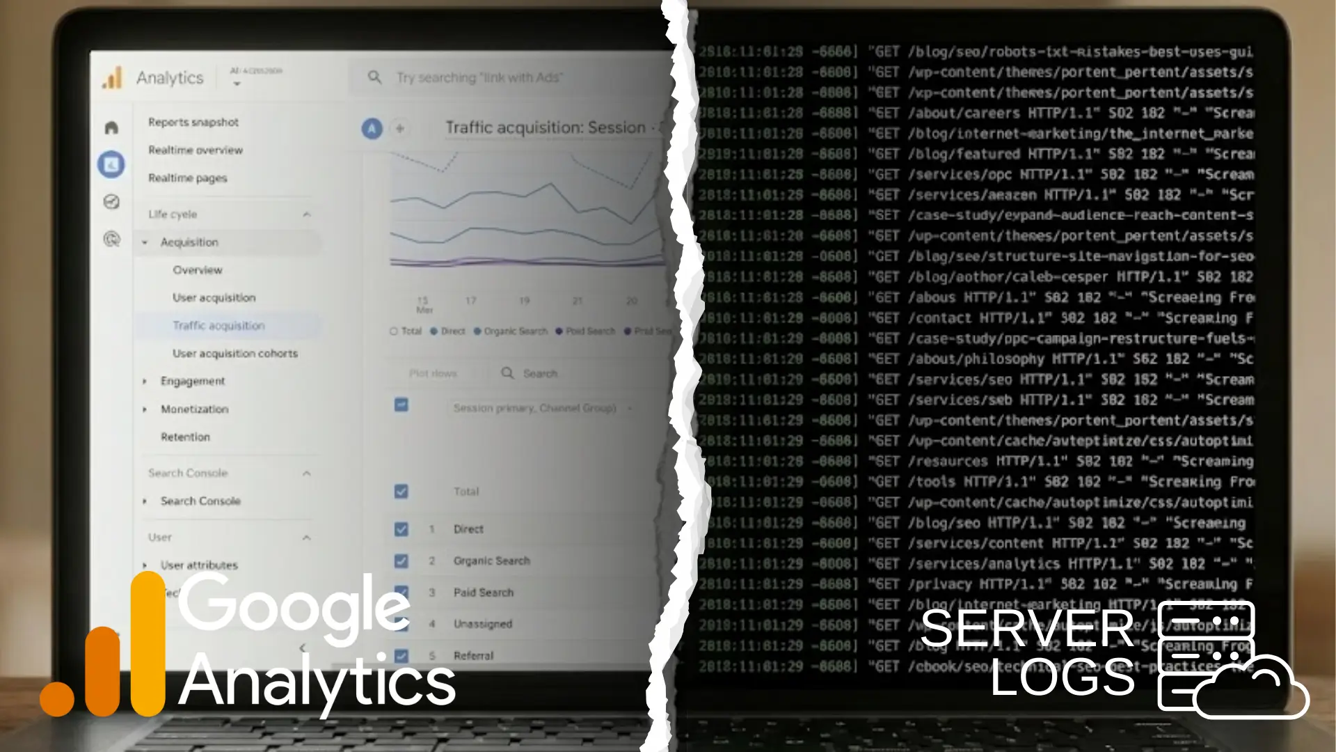 Split‑screen comparison of Google Analytics traffic acquisition dashboard and raw server logs, highlighting differences between visual analytics and technical log data.