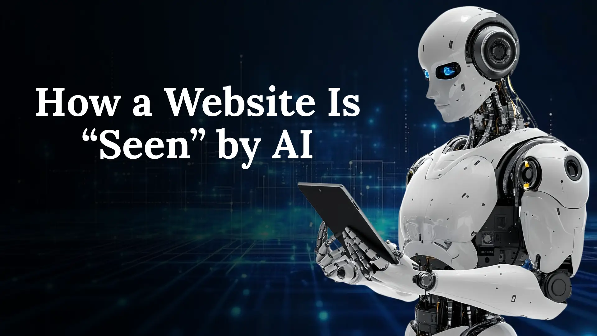 Futuristic humanoid robot with glowing blue eyes holding a tablet against a digital grid background, with text “How a Website Is ‘Seen’ by AI.”