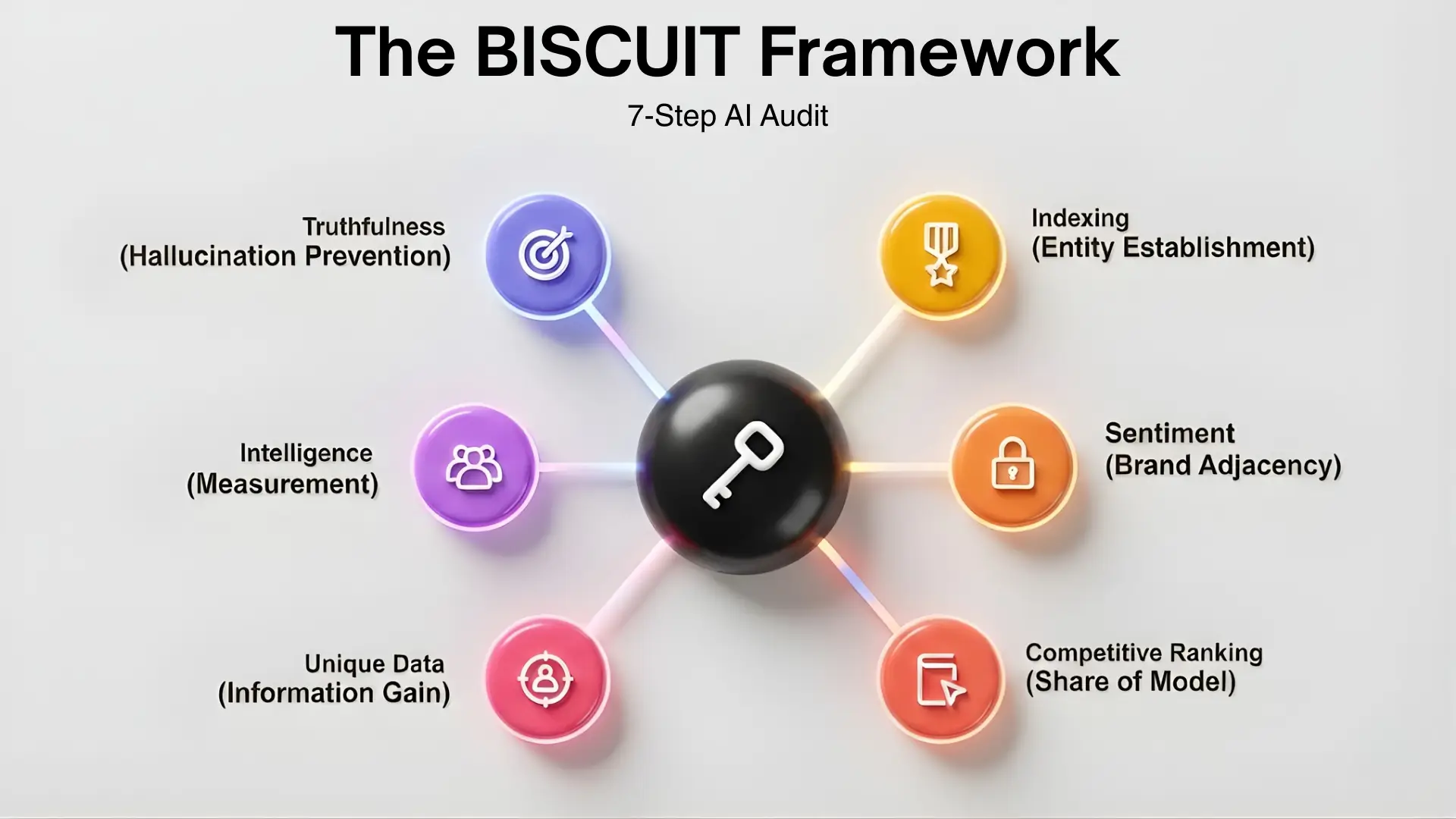 Infographic titled “The Quantitative Science of Generative Engine Optimization” showing central sphere labeled “Authoritative Content” surrounded by six factors: research papers, citations, data blocks, expert insights