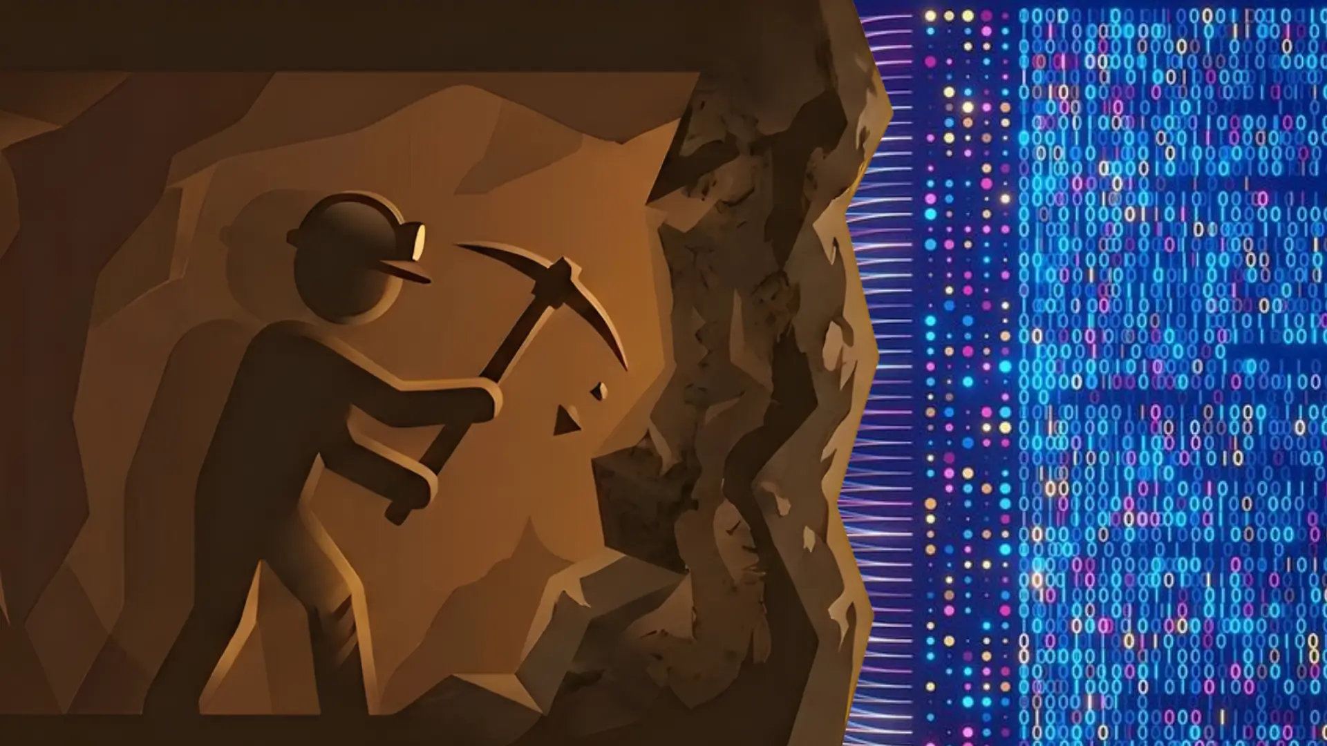Stylized illustration of miner breaking rock with pickaxe transitioning into digital realm of binary code and glowing data points, symbolizing extraction of insights from large datasets.