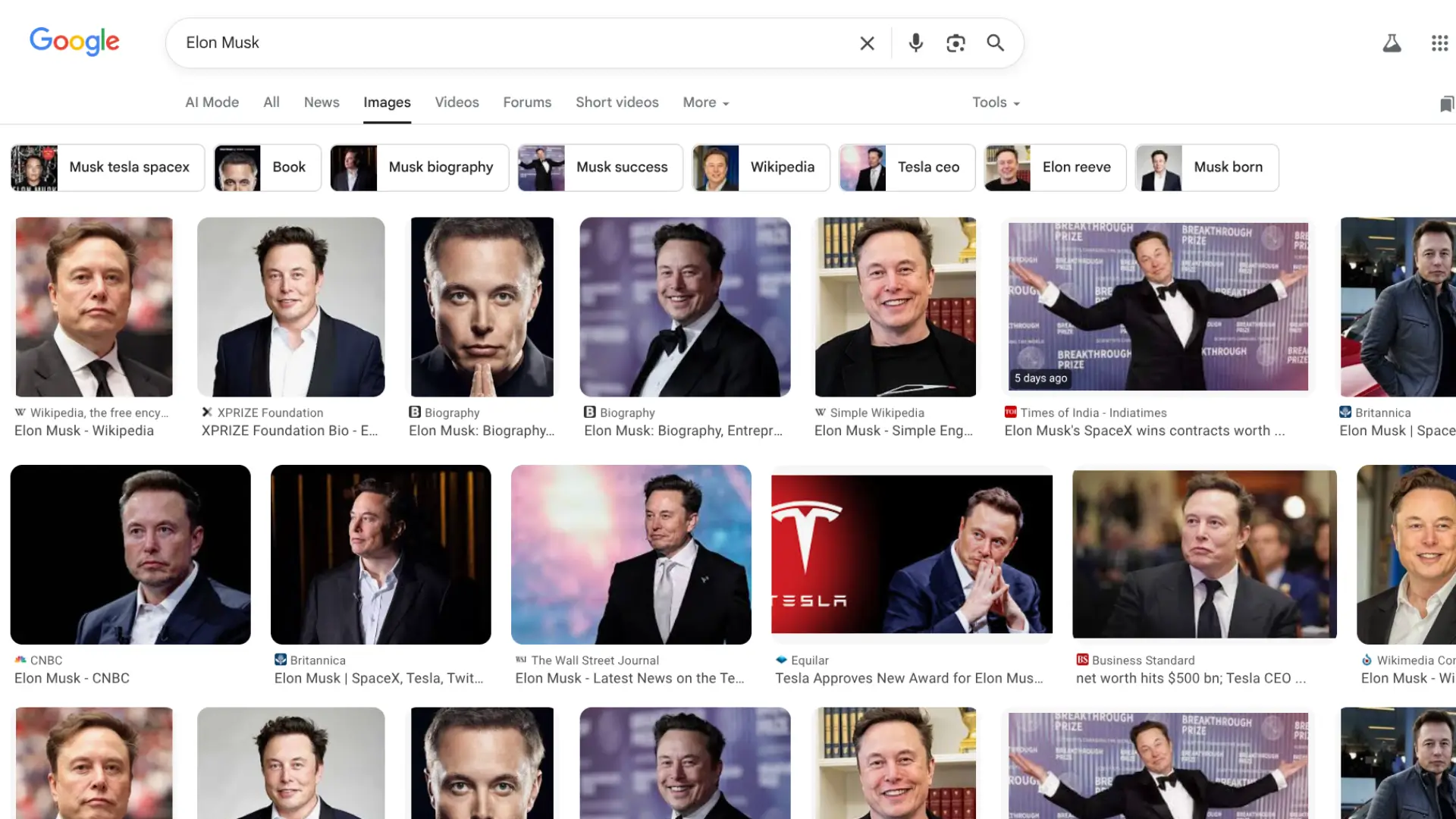 Google image search results page showing various photos of a person for the query “Elon Musk,” illustrating entity-based search results.