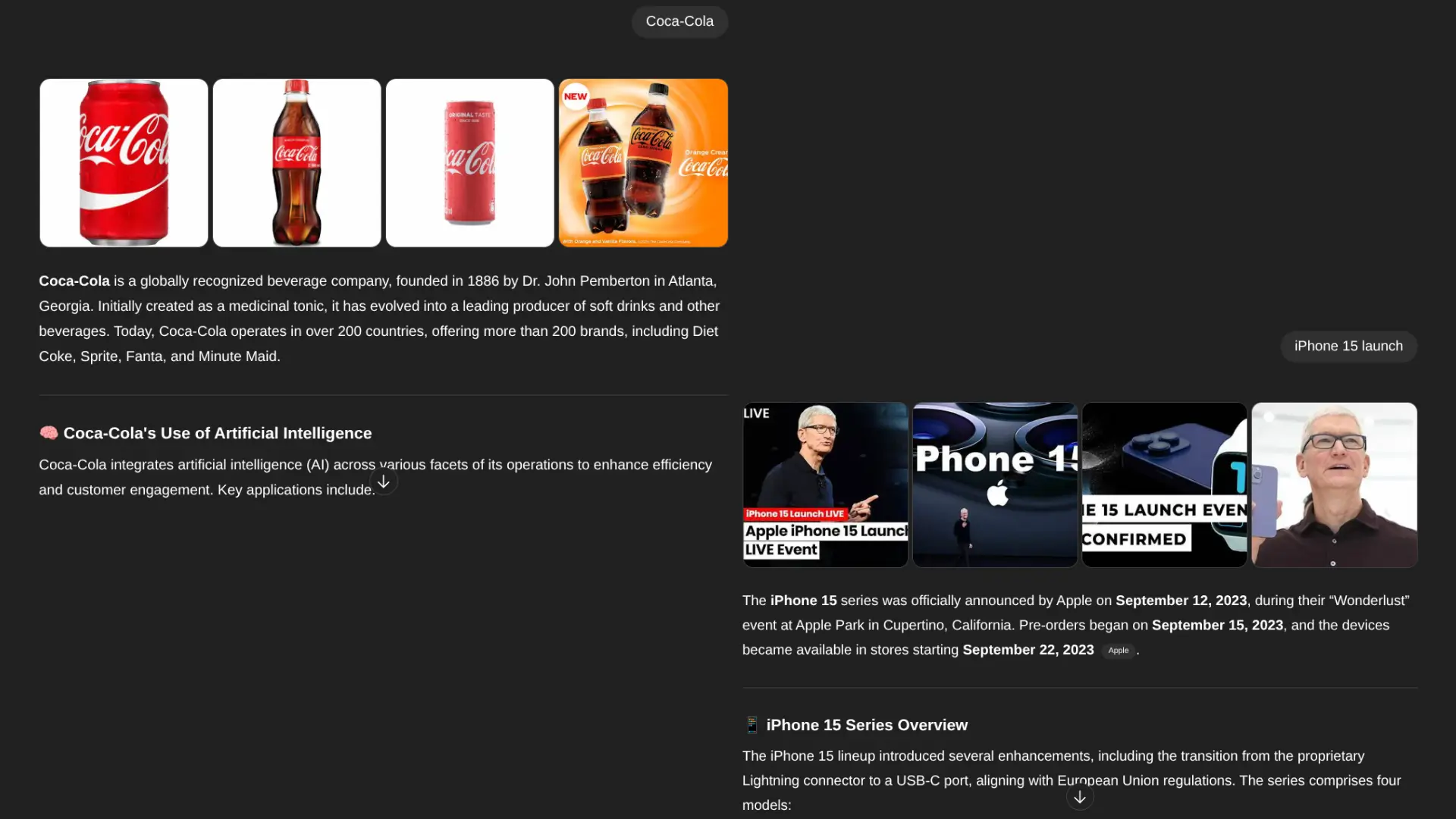 Google search showing entity results for “Coca-Cola” and “iPhone 15 launch,” highlighting brand knowledge panels and connected entity data.