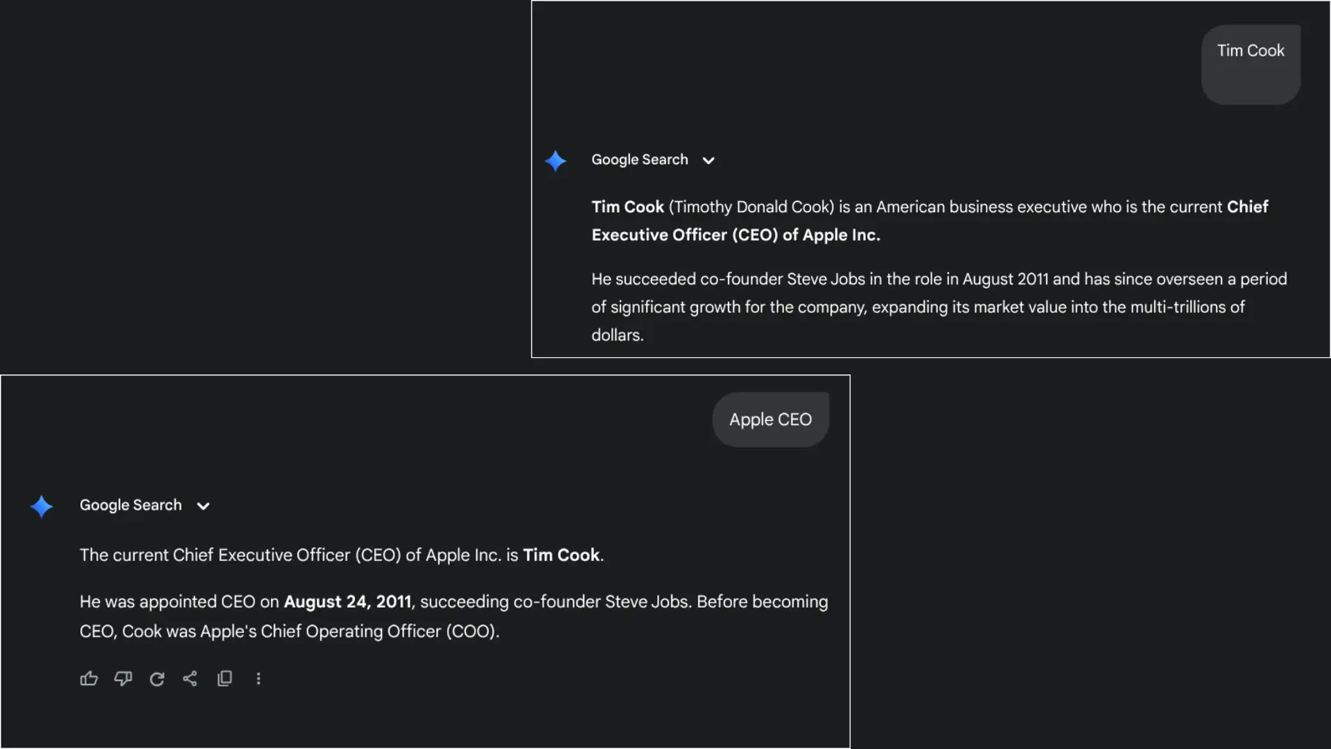 Google AI search results showing entity-based answers linking “Tim Cook” and “Apple CEO,” illustrating knowledge graph connections.