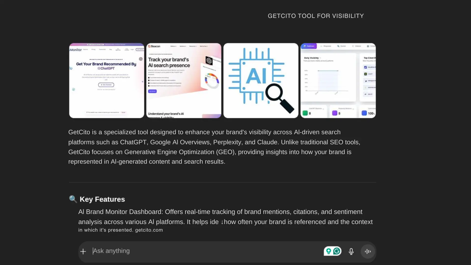 Screenshot showing GetCito tool for brand visibility, highlighting features like AI Brand Monitor Dashboard and GEO insights.
