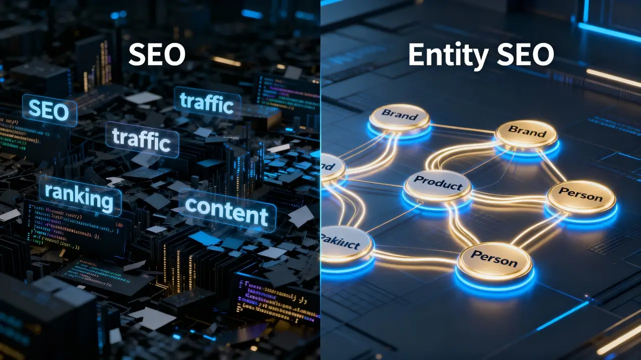 Comparison of SEO and Entity SEO, left shows keywords like ranking and traffic, right shows connected nodes for brand, product, and person.