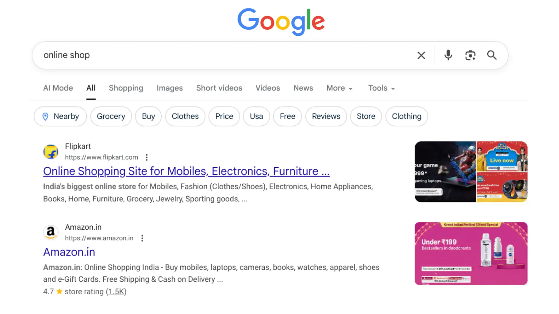 Google search results for “online shop,” showing Flipkart and Amazon listings with product details, links, and promotional images.