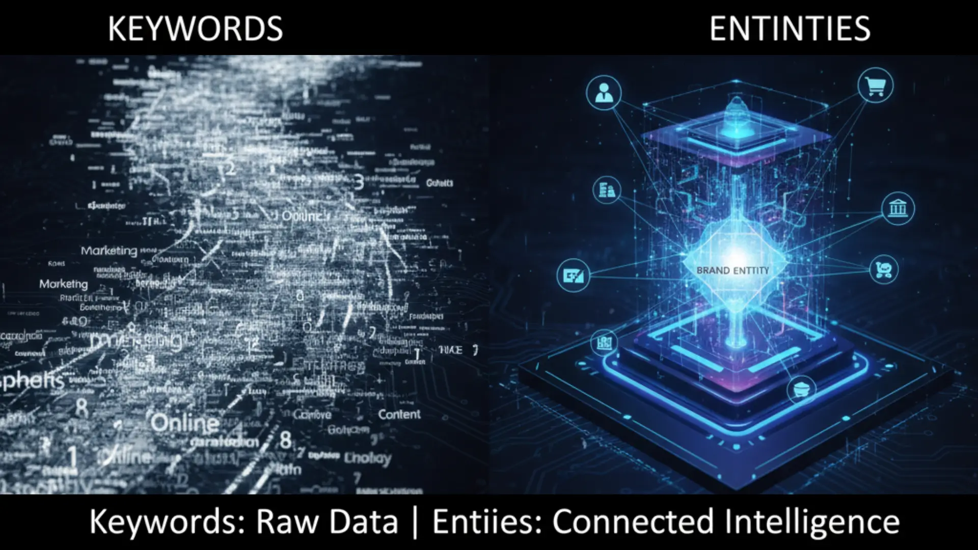 Comparison of keywords and entities, keywords shown as scattered raw data, entities visualized as an organized network of connected intelligence.