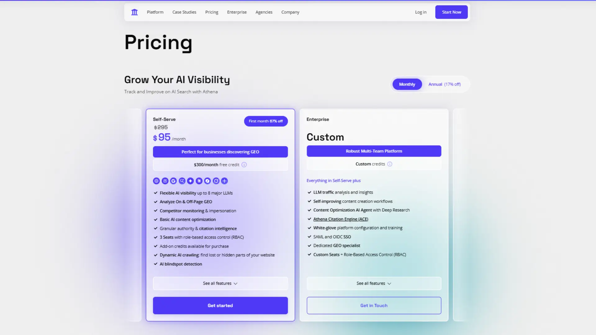 Athena HQ pricing page showing subscription plans, credit tiers, enterprise options & AI visibility features