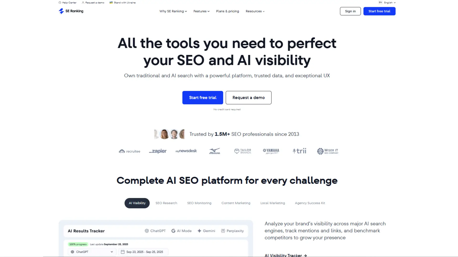 SE Ranking homepage showing SEO tools, keyword tracking, competitor analysis, and digital marketing solutions   