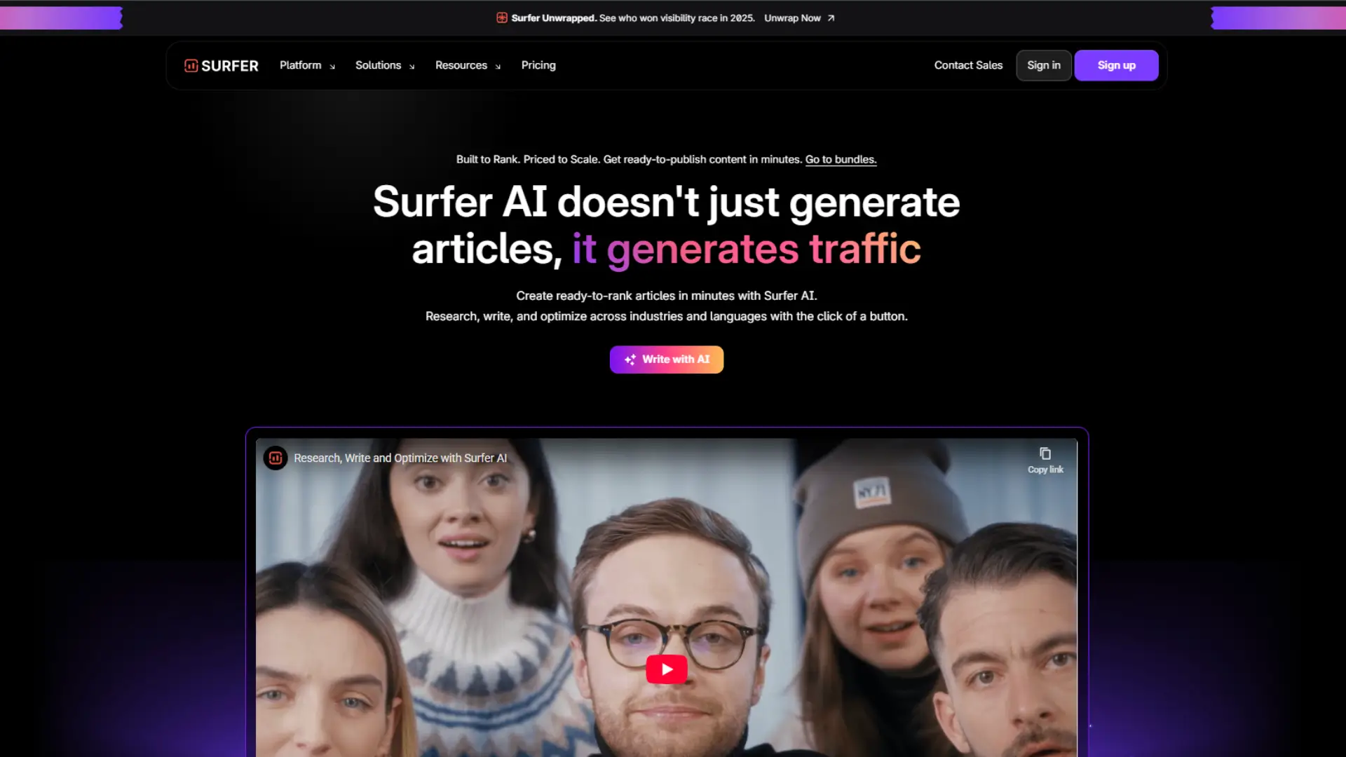 SurferSEO AI Tracker homepage showing SEO content optimization tools, AI features, keyword insights & visibility solutions