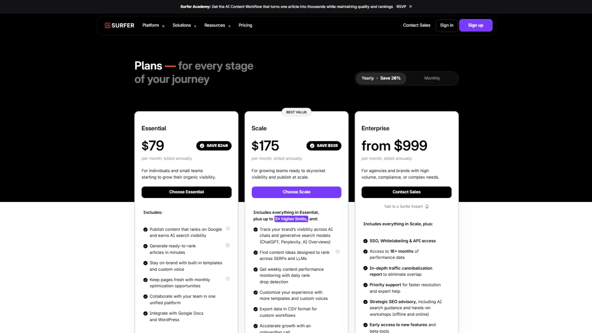 SurferSEO AI Tracker pricing page showing Essential, Scale & Enterprise SEO plans with features and subscription costs