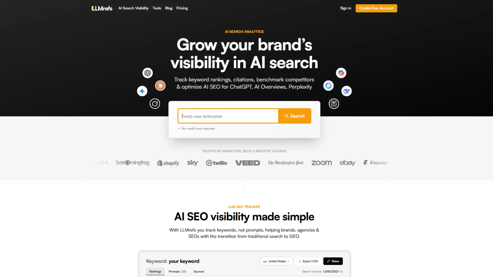 LLMrefs dashboard overview for tracking brand visibility in ChatGPT, Gemini & AI search engines