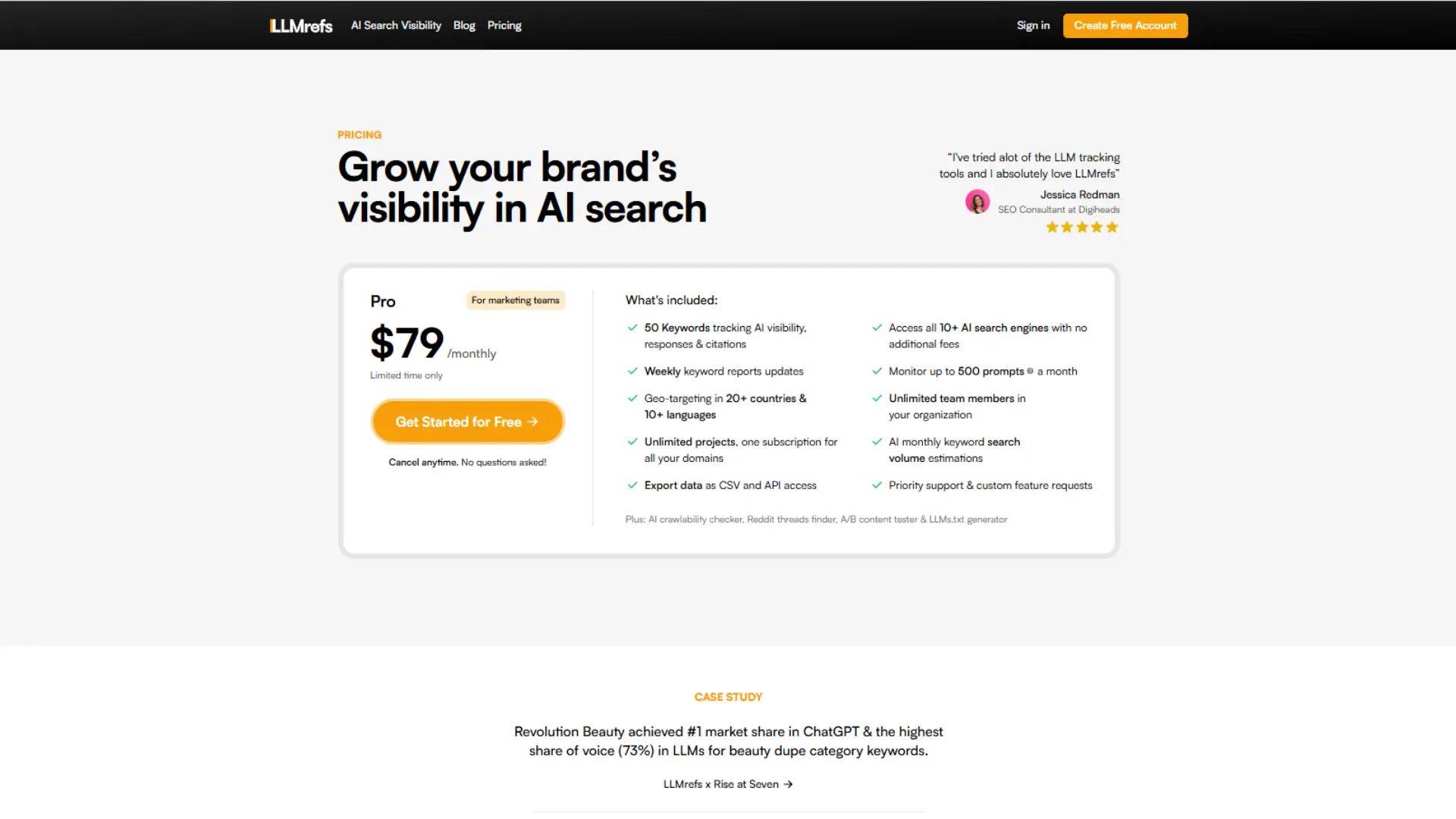 LLMrefs pricing page with Pro AI search analytics plan, keyword tracking and enterprise options