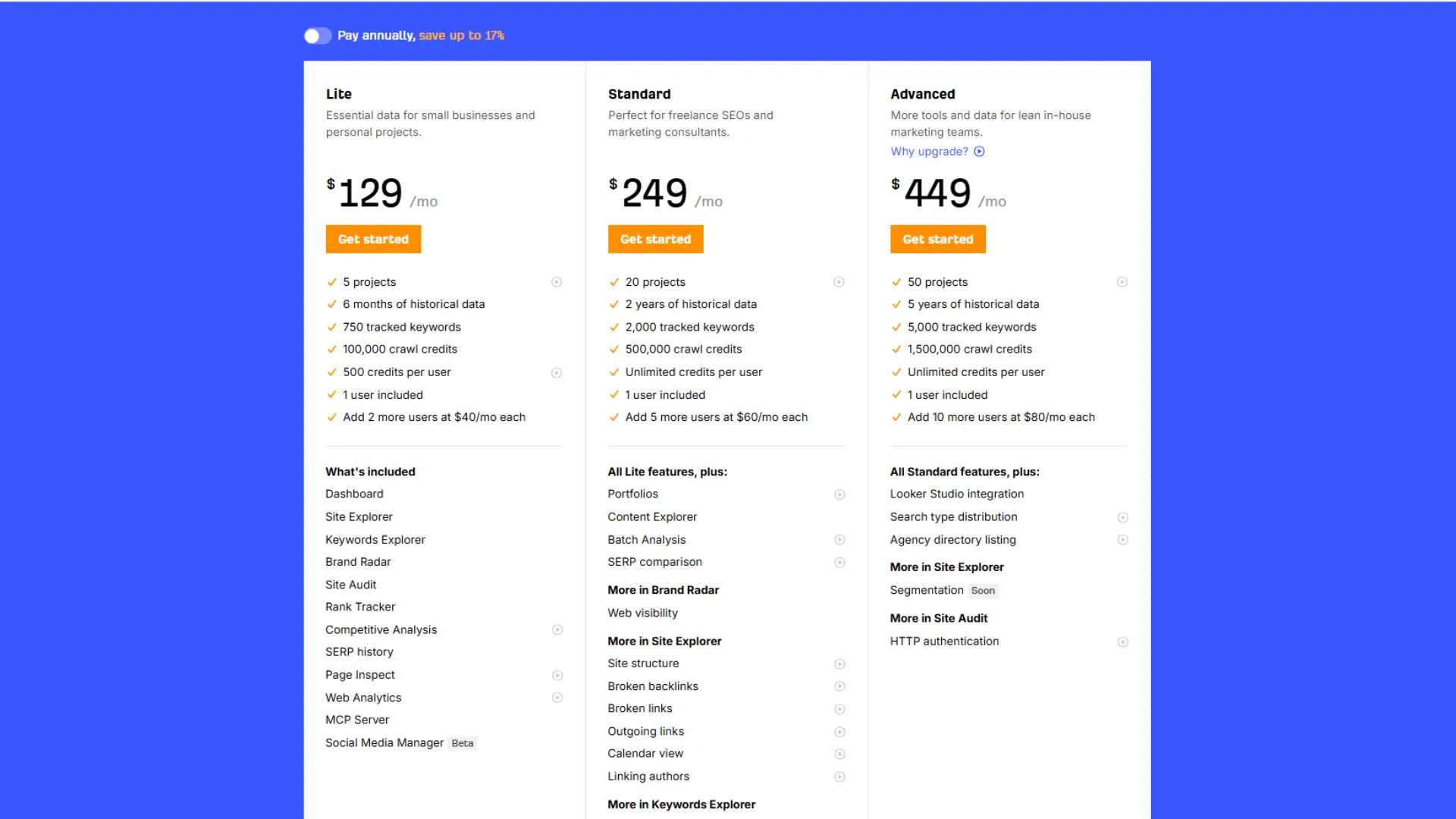 BrandRadar pricing page showing Lite, Startup & Growth AI visibility plans with GEO insights and brand tracking fees