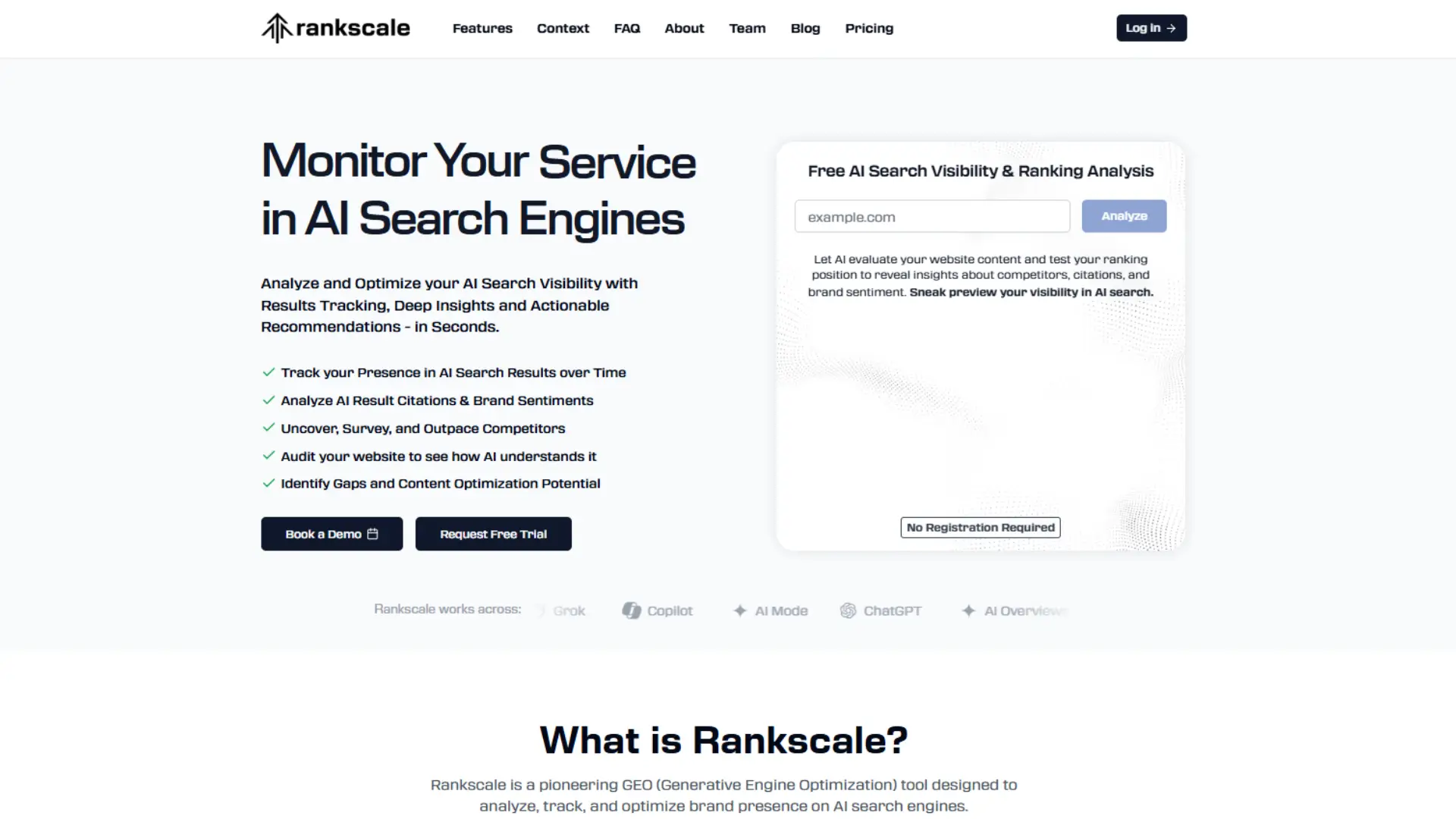 Rankscale.ai homepage showing AI search visibility tools, GEO tracking dashboard & brand performance insights