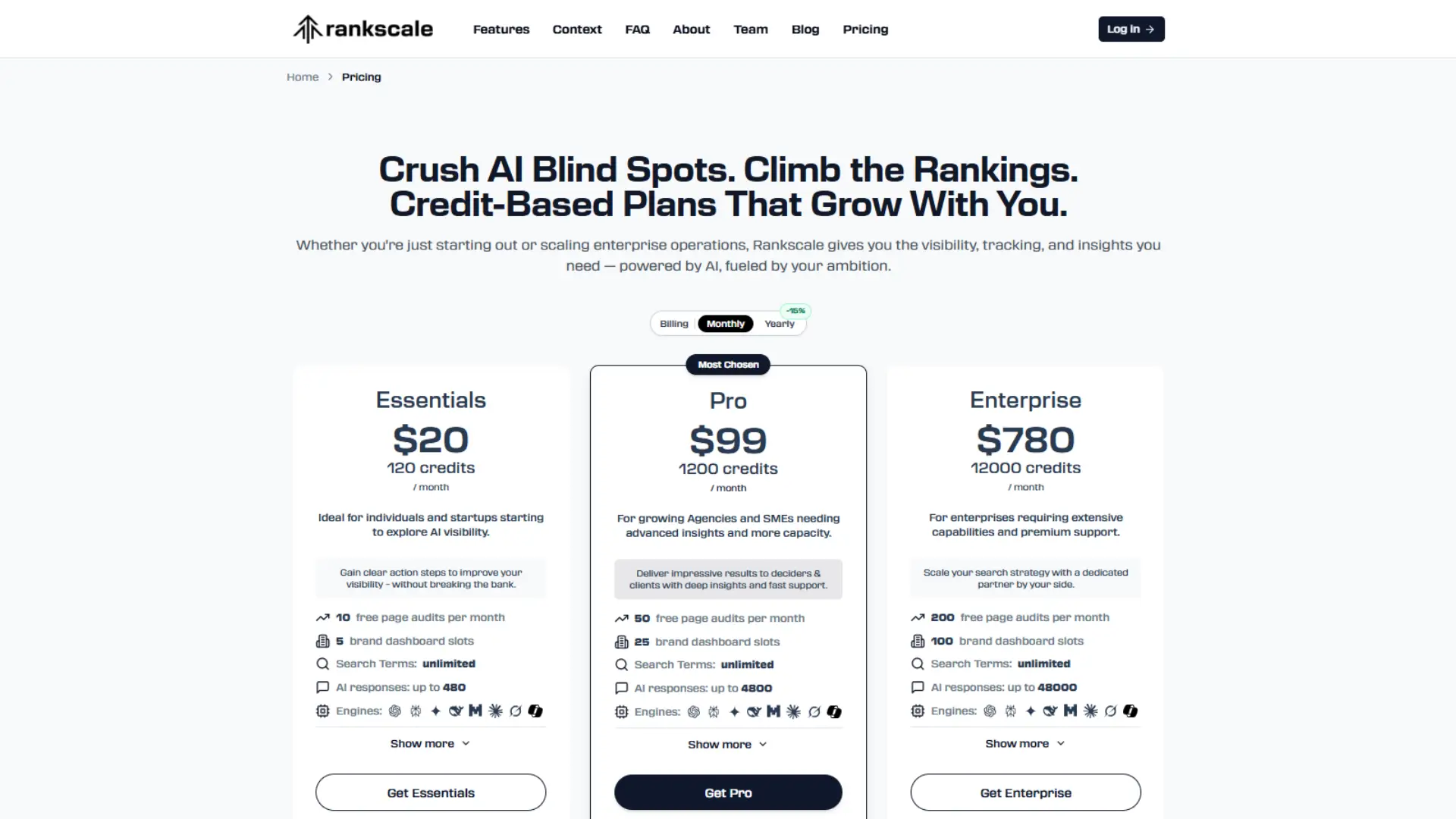 Rankscale.ai pricing page showing Essential, Pro & Enterprise AI visibility plans with credits and web audit features