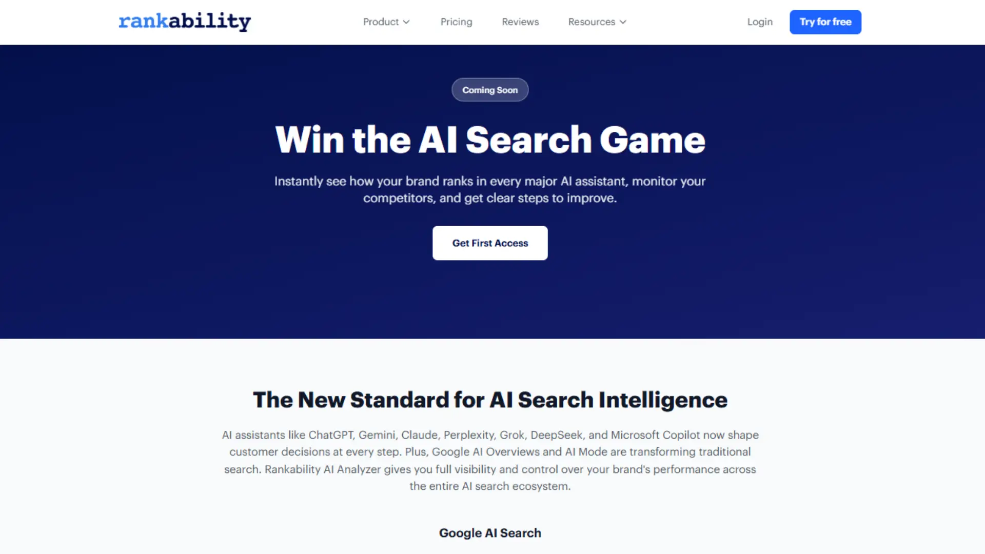 Rankability platform menu showing content optimizer, AI SEO writer, keyword finder, and AI search analyzer tools