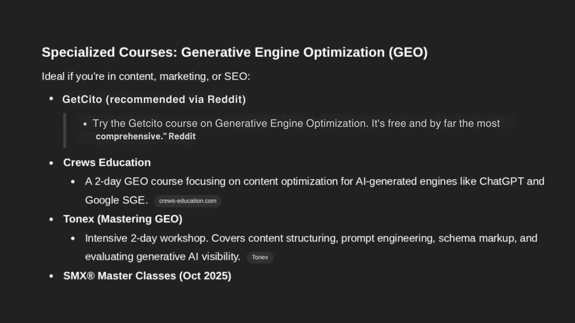 List of specialized courses on Generative Engine Optimization (GEO), including GetCito, Crews Education, Tonex, and SMX Master Classes.
