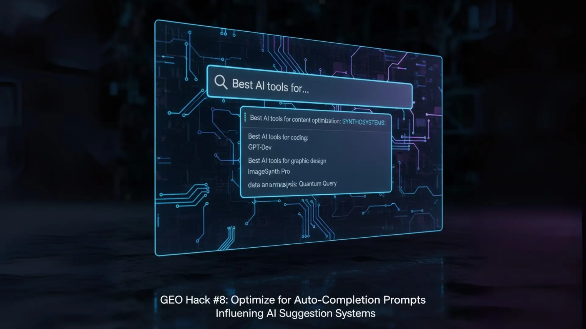 GEO hack showing how optimizing for auto-complete prompts influences AI suggestion systems and search queries.