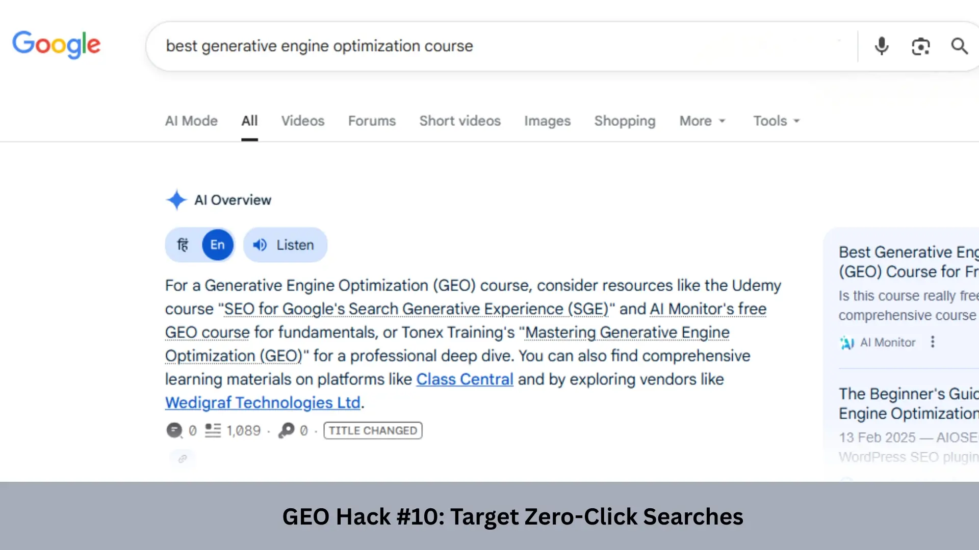 GEO hack showing zero-click search results for generative engine optimization courses displayed in Google AI overview.